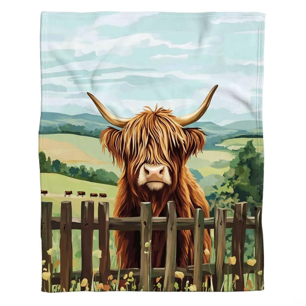 Highland cow bedding set featuring shaggy cattle artwork behind a rustic wooden fence for rustic farm bedroom ideas.