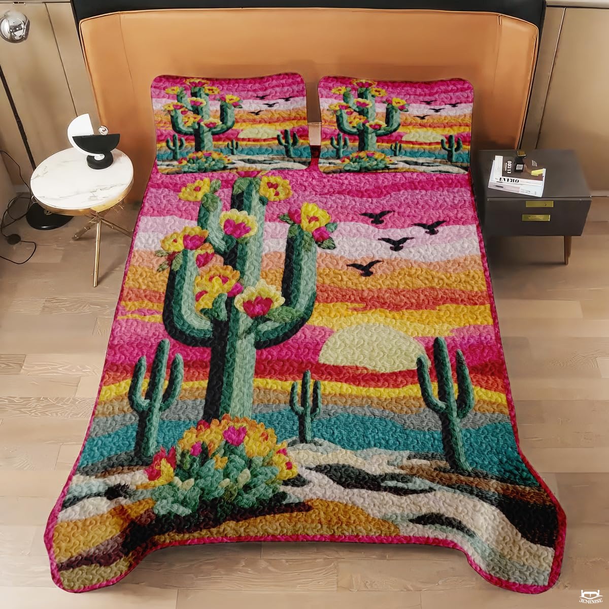 Personalized Desert Sunset Cactus Floral Quilt Set, Machine Washable