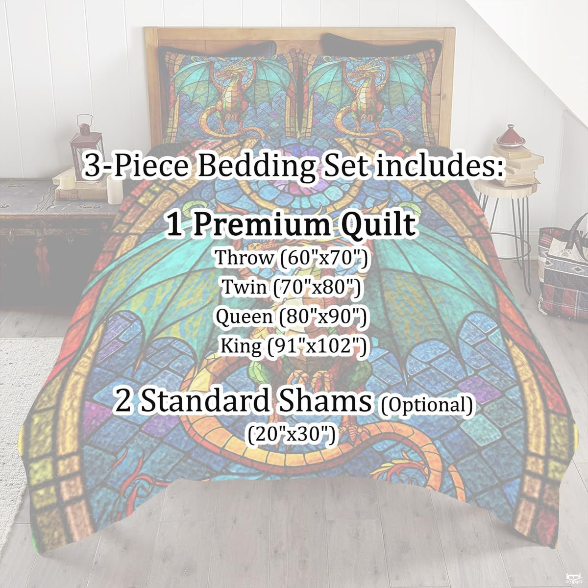 Stained glass dragon bedding mockup with teal wings and blue mosaic panes