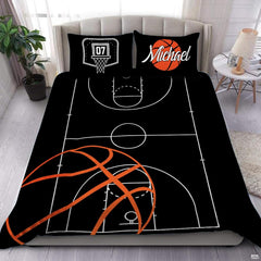 Basketball court playbook sports bedding featuring white tactical lines and orange basketball graphic on black bed