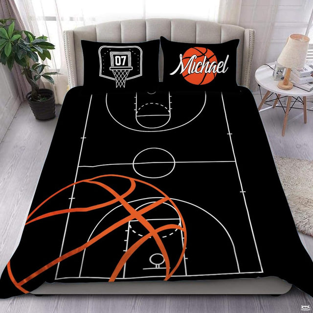 Basketball court playbook sports bedding featuring white tactical lines and orange basketball graphic on black bed