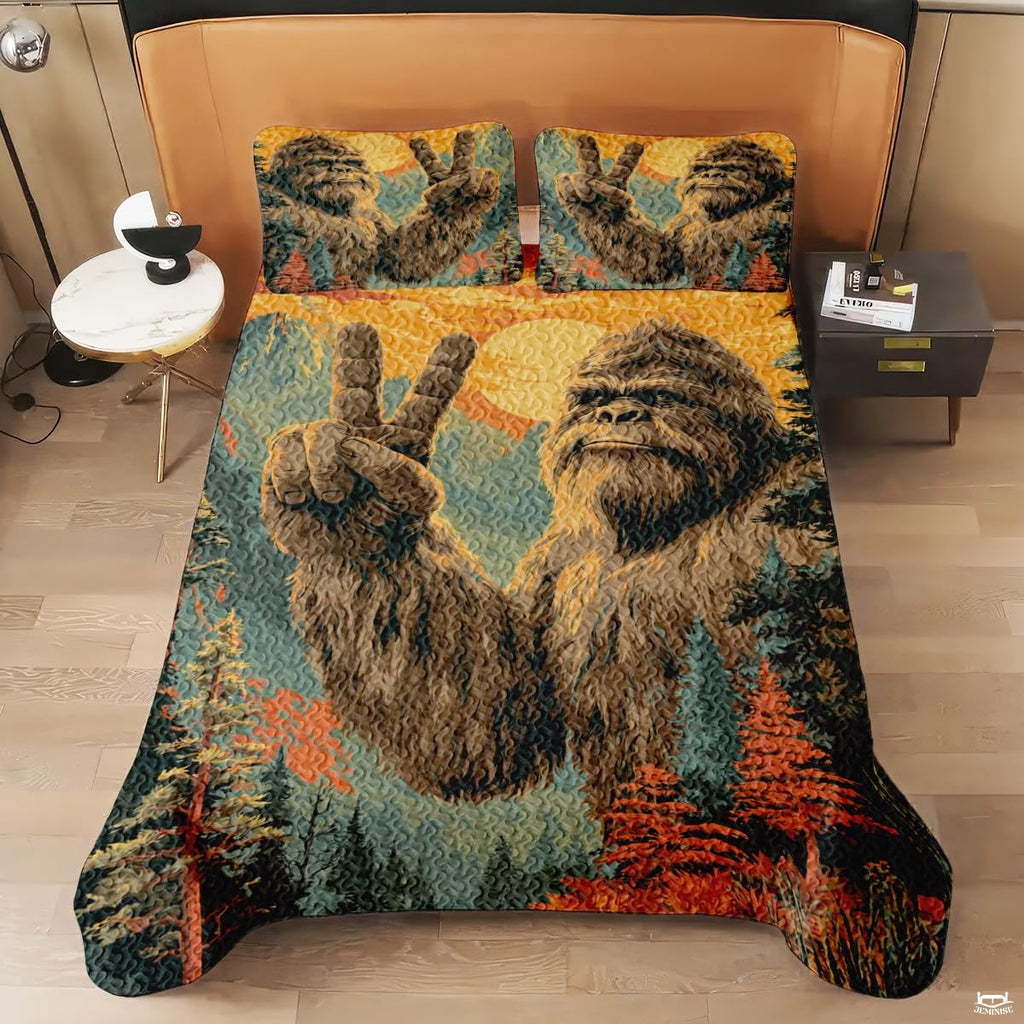 Personalized Bigfoot Peace Sign Sunset Quilt Sets, Machine Washable