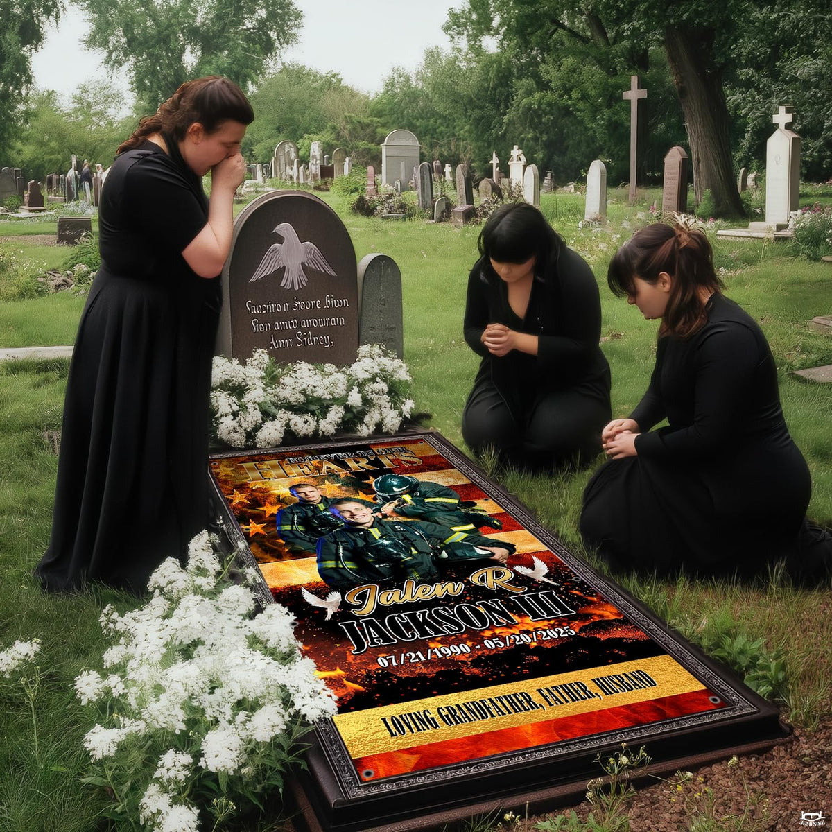 Mourners kneeling in prayer beside installed firefighter memorial grave blanket at cemetery