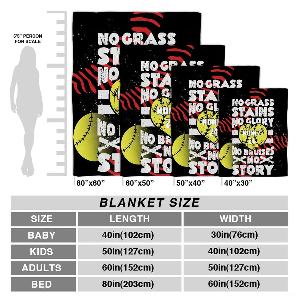 Size guide display showing multiple dimension choices for the motivational softball throw blanket