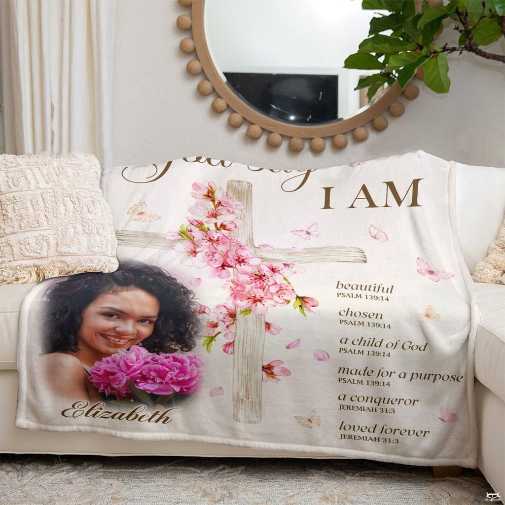 Side angle view of scripture verses and watercolor butterflies on throw blanket