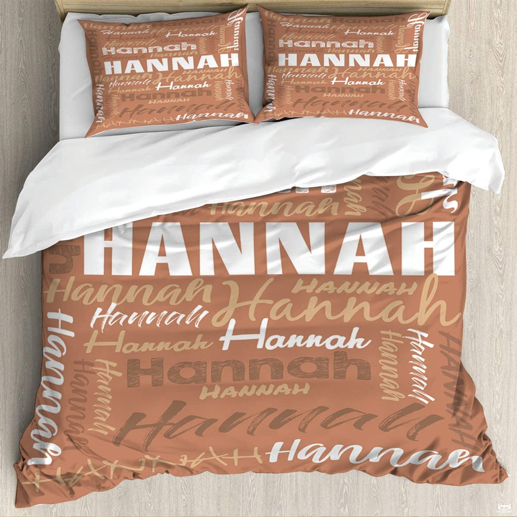 Terracotta typography bedding featuring an interlocking word collage in block and script fonts on rust backdrop