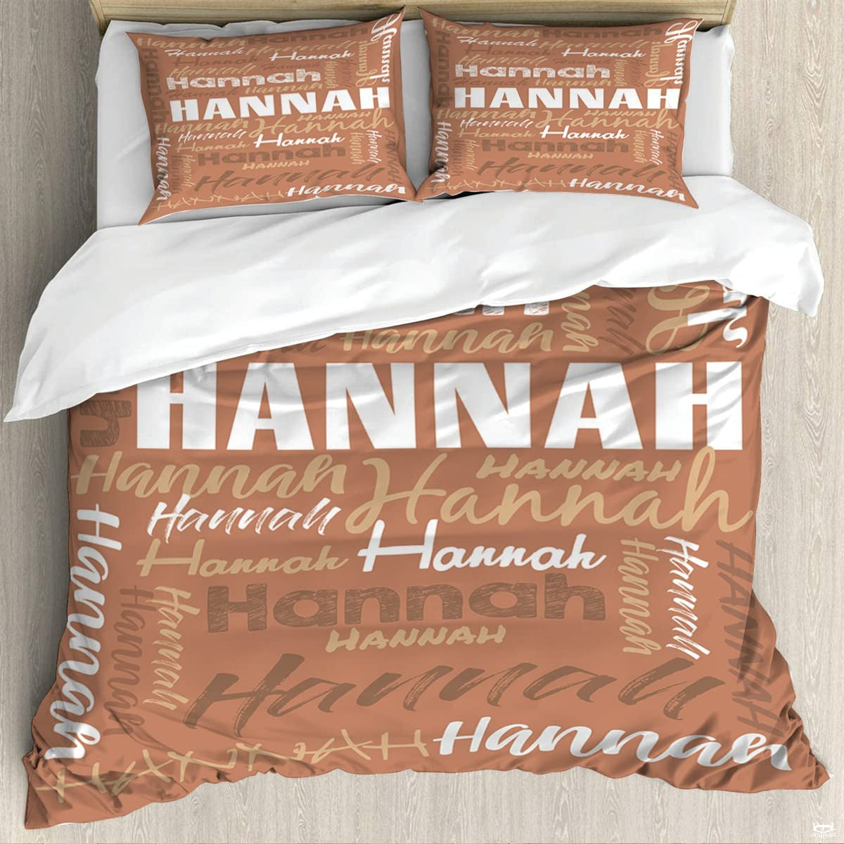 Terracotta typography bedding featuring an interlocking word collage in block and script fonts on rust backdrop