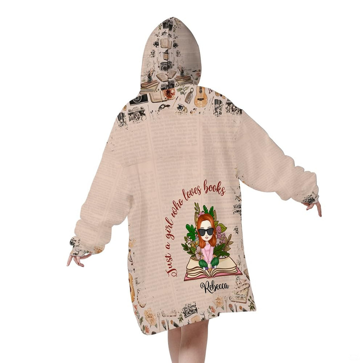 Bookworm girl reading floral throw blanket view 2 highlighting literary artwork and creative elements