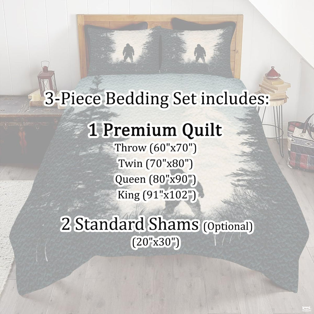 Full bedroom display of sage pine Bigfoot bedding styled with outdoor cabin room decor accents