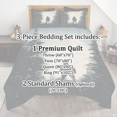 Full bedroom display of sage pine Bigfoot bedding styled with outdoor cabin room decor accents