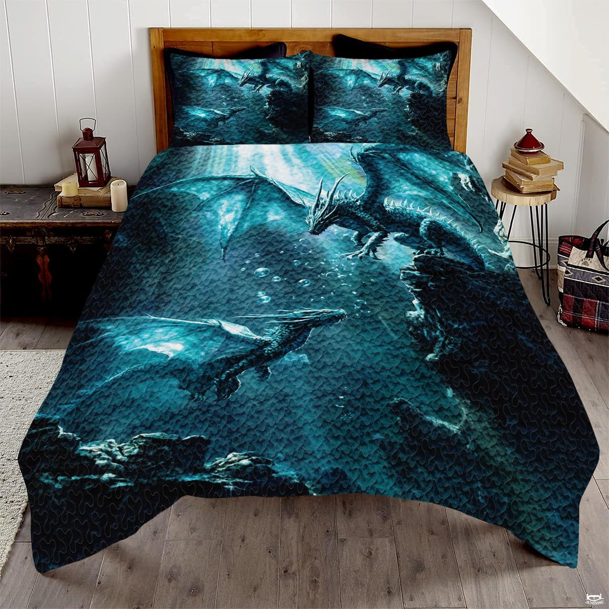 Water dragon bedding set featuring glowing winged aquatic dragons swimming through deep cyan ocean caverns.
