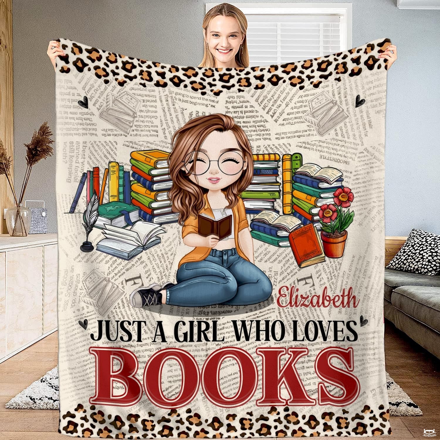 Personalized Girl Glasses Reading on Newspaper Pattern Throw Blanket