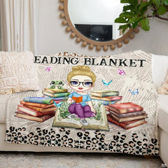 Cartoon girl reading with glasses on book stacks with leopard newsprint pattern, view 3.
