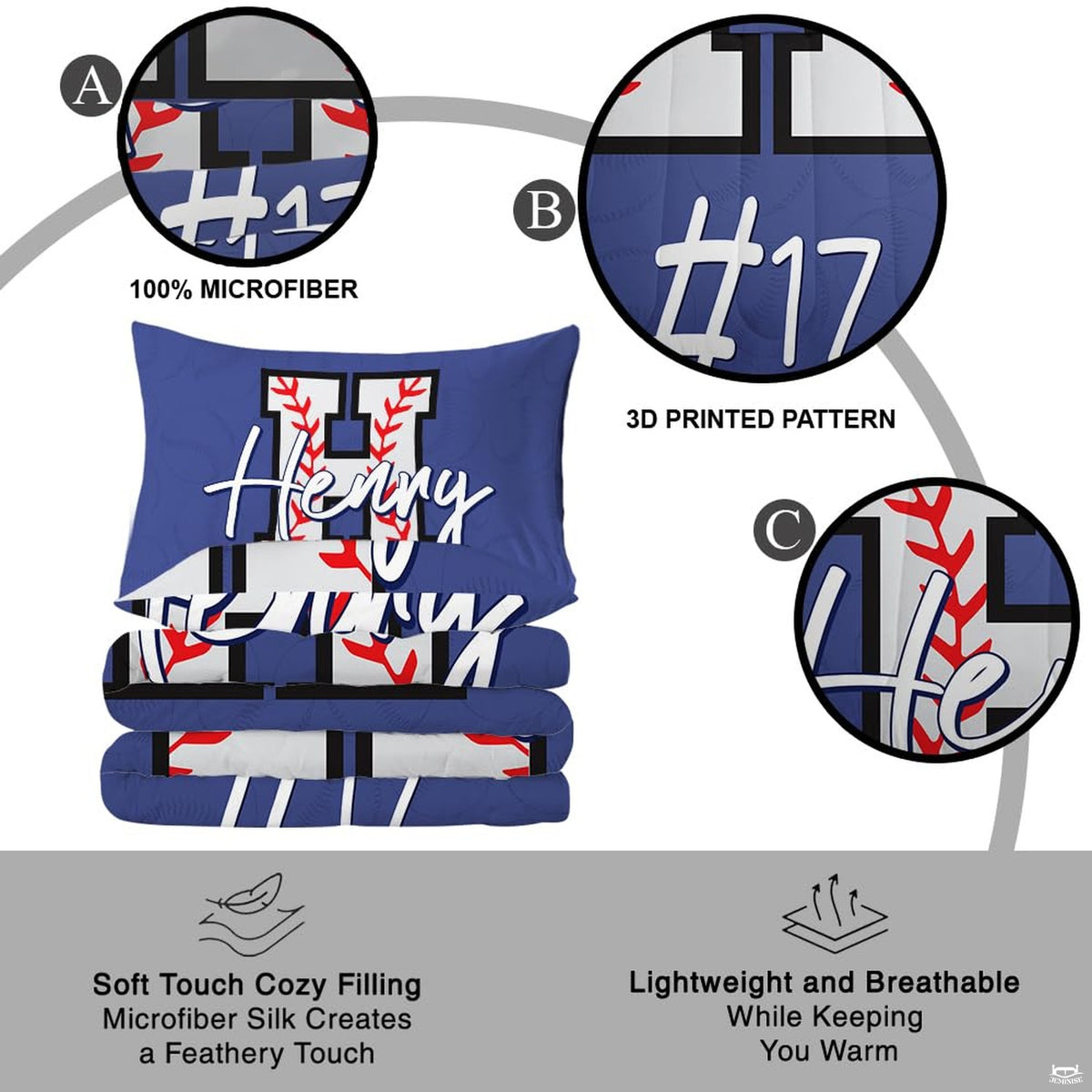 Baseball jersey graphic details on royalty bedding set display.