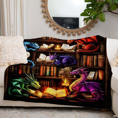 Lifestyle display showing the dragon reading blanket folded on a living room armchair near decor.