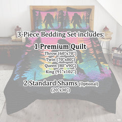 Full bedroom display of neon sunset Bigfoot bedding styled with outdoor cabin room decor accents