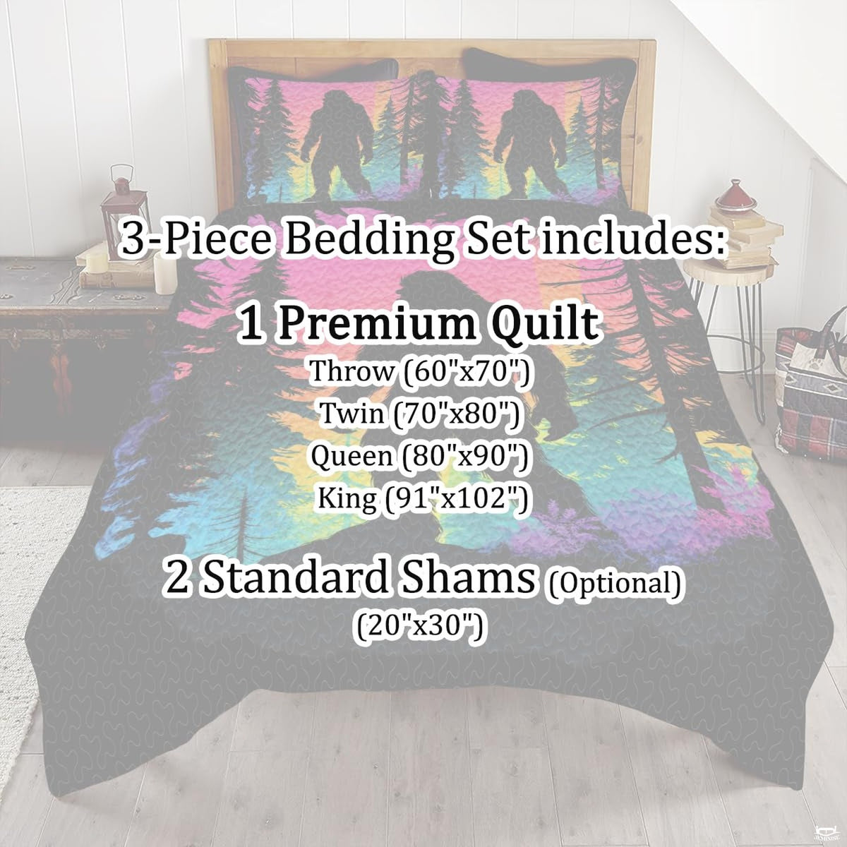 Full bedroom display of neon sunset Bigfoot bedding styled with outdoor cabin room decor accents