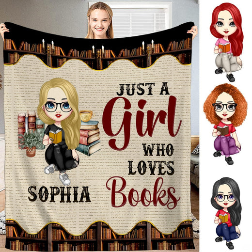 Custom reader girl throw blanket displaying an illustrated book lover seated before library bookshelves.