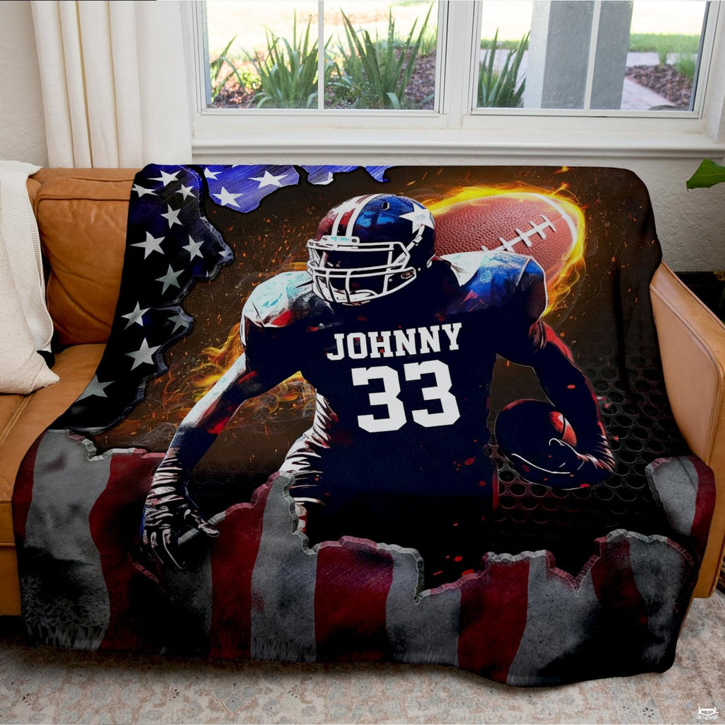 Patriotic football throw blanket view 4 highlighting runner bursting through American flag with blazing ball