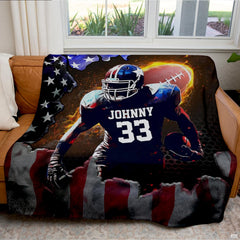 Patriotic football throw blanket view 4 highlighting runner bursting through American flag with blazing ball