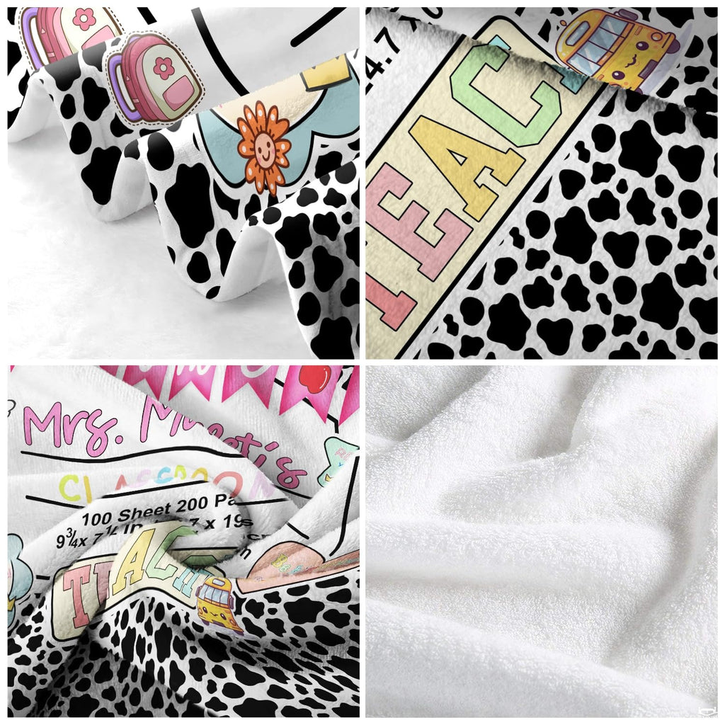 Close-up detail of pink pennant flags, yellow school bus illustration, and rainbow stickers.