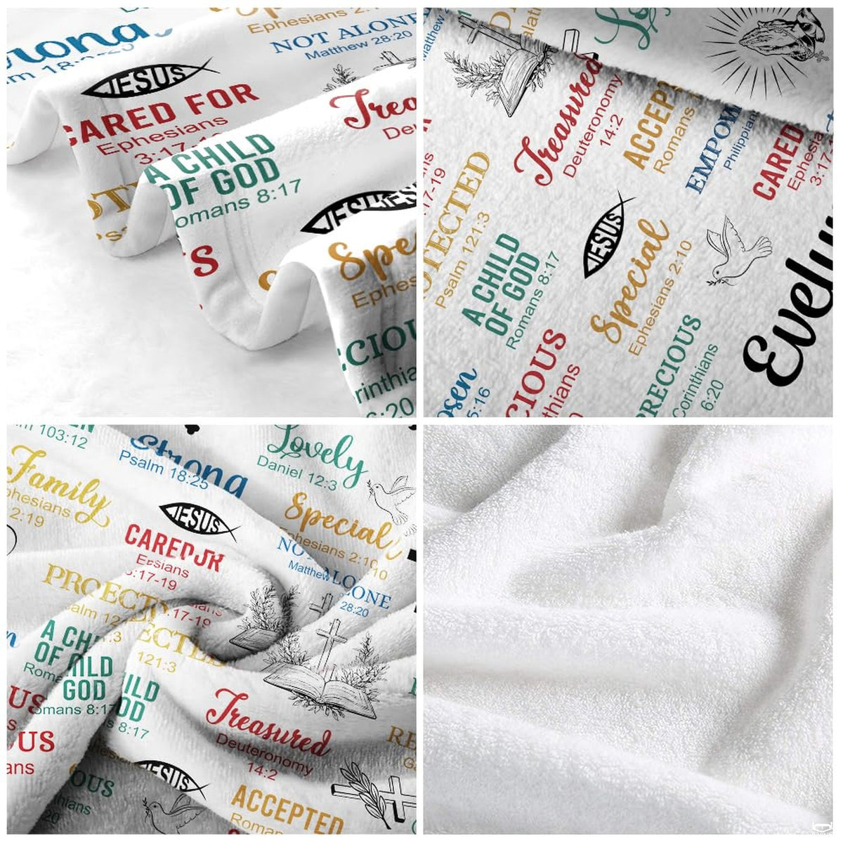 Overhead flat view of the religious Scripture affirmation throw blanket showing crisp typography layout on white