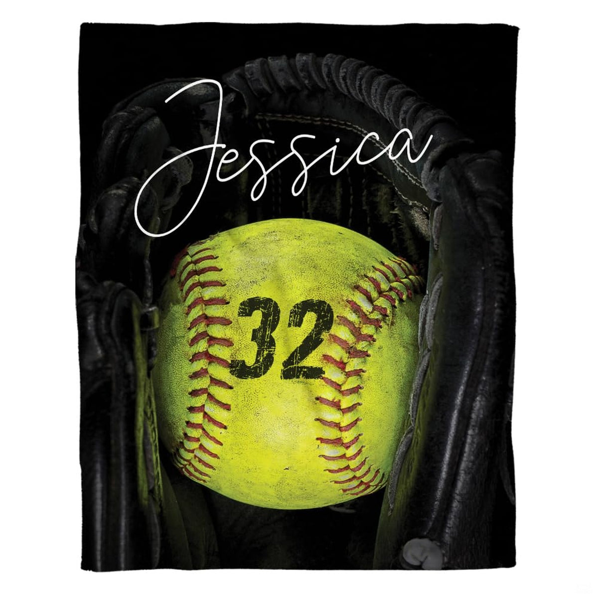 Graphic showing an optic yellow softball resting inside a dark glove against a solid black backdrop.