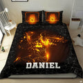 Fiery slam dunk basketball player sports bedding displaying glowing amber athlete and polygon mesh on black bed
