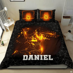 Fiery slam dunk basketball player sports bedding displaying glowing amber athlete and polygon mesh on black bed