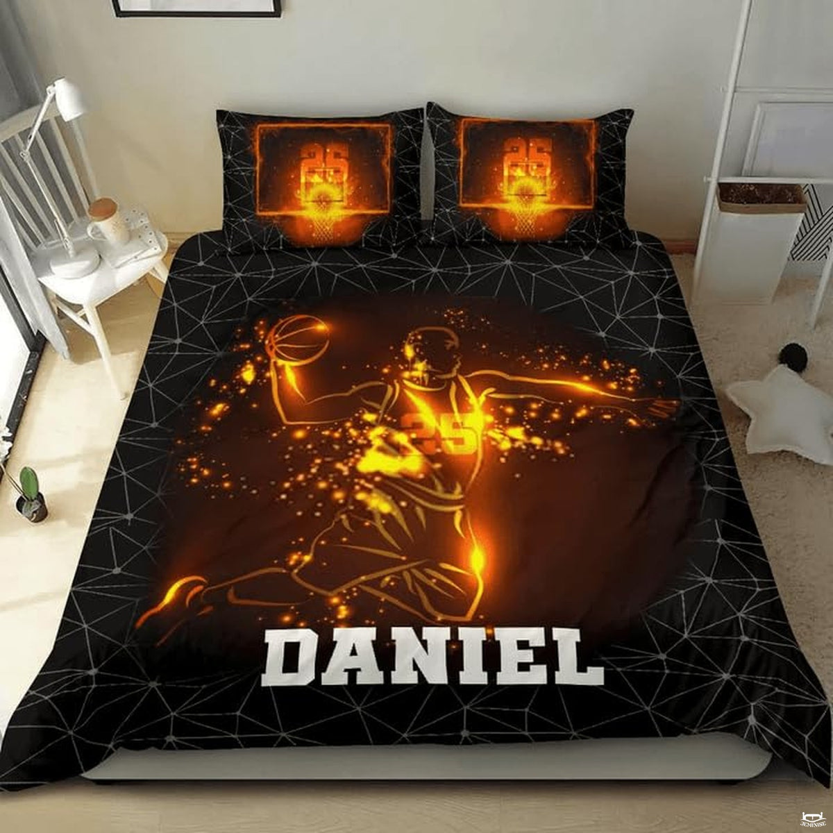 Fiery slam dunk basketball player sports bedding displaying glowing amber athlete and polygon mesh on black bed