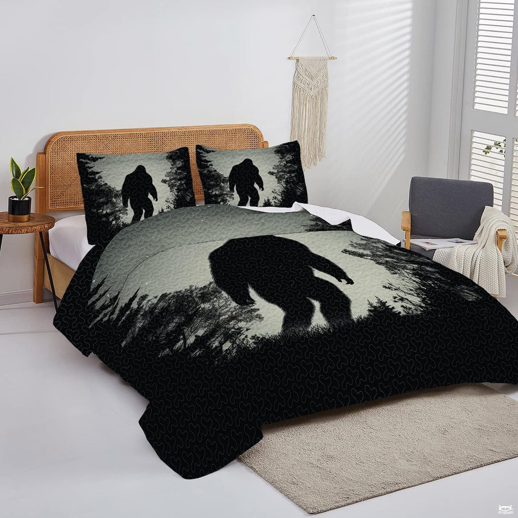 Overhead perspective of Bigfoot bedding arranged neatly across a rustic lodge mattress