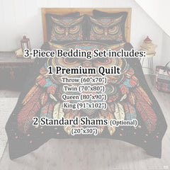 Full bedroom display of nocturnal owl bedding styled with natural dark wood and rustic room accents