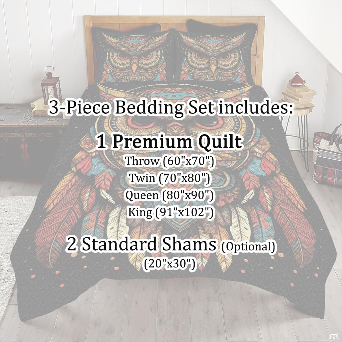 Full bedroom display of nocturnal owl bedding styled with natural dark wood and rustic room accents