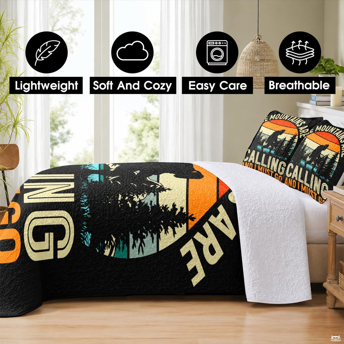 Rustic bedroom styling displaying alpine wilderness bedding set with mountain peaks and retro stripes.