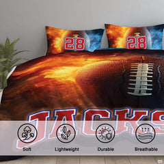 Game-day bedroom decor styling featuring a dramatic fire and ice football bedding set