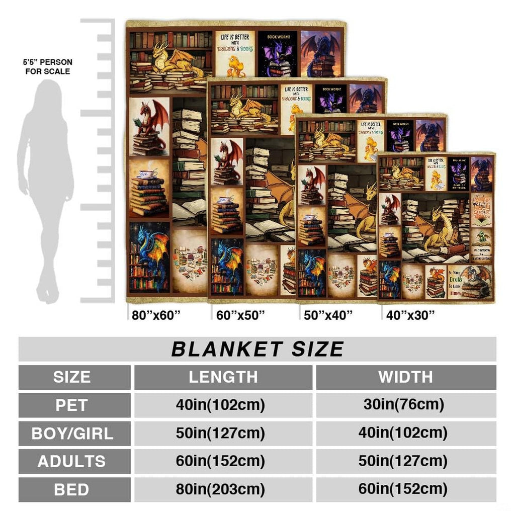 Overhead presentation of fantasy dragon and book stack collage blanket
