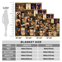 Overhead presentation of fantasy dragon and book stack collage blanket