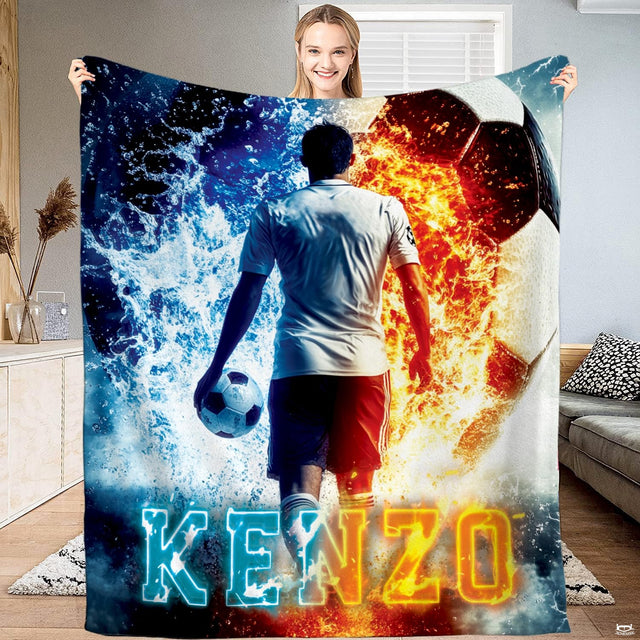 Fire and ice soccer player standing before split elemental flame and water throw blanket