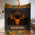 Deer antler skull camo blanket featuring buck skull on honeycomb mesh with autumn leaf borders.