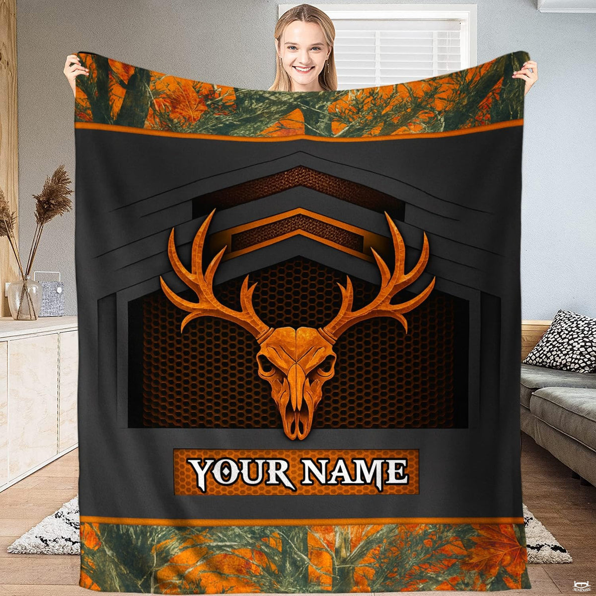 Deer antler skull camo blanket featuring buck skull on honeycomb mesh with autumn leaf borders.