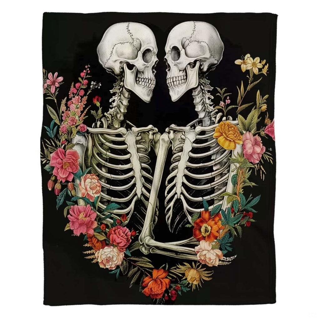 Gothic floral skeleton throw blanket view 2 highlighting skeleton couple, vibrant peonies, and black background