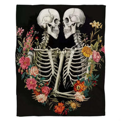 Gothic floral skeleton throw blanket view 2 highlighting skeleton couple, vibrant peonies, and black background