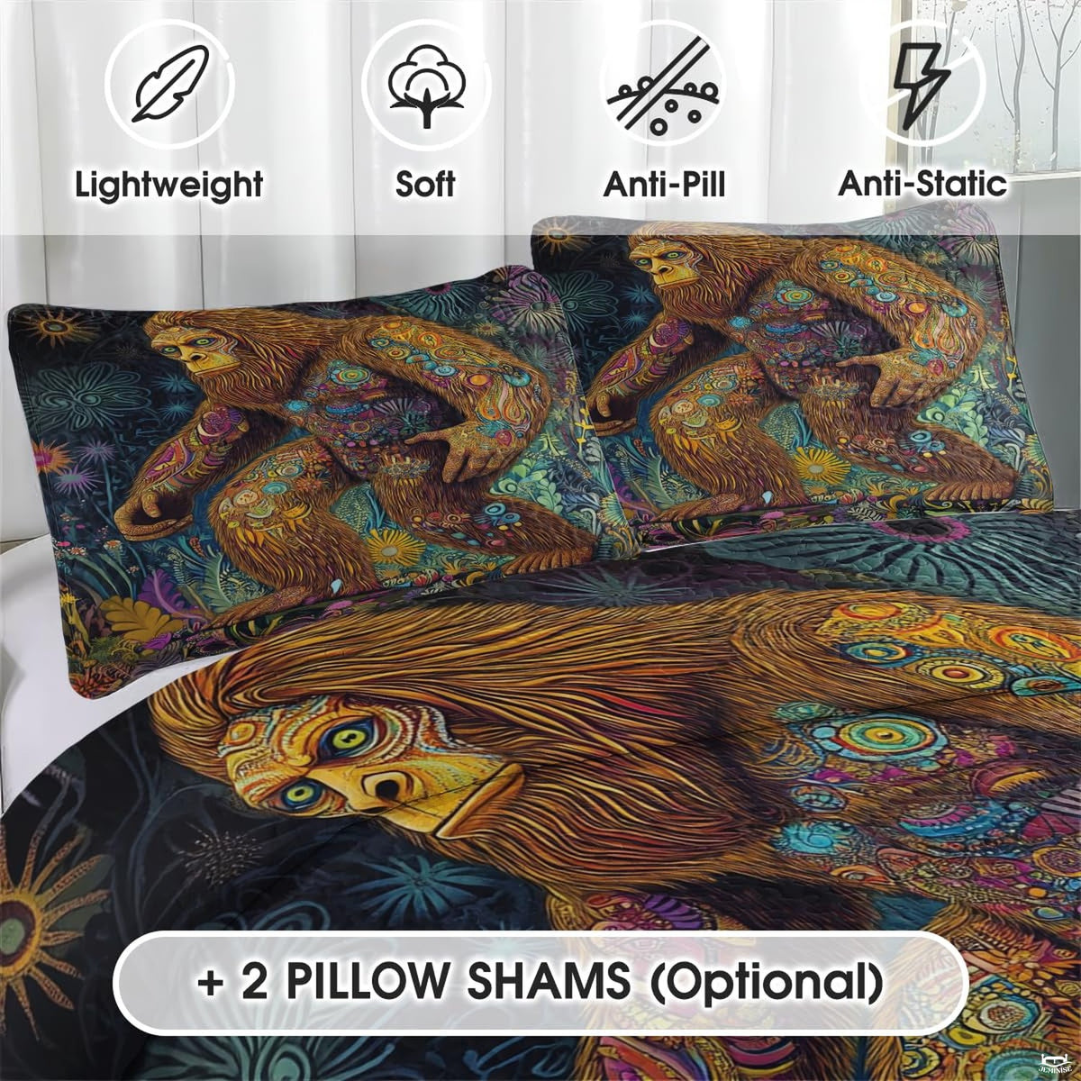 Psychedelic bed sheets showing colorful Sasquatch artwork surrounded by turquoise, violet, and navy mandala patterns.
