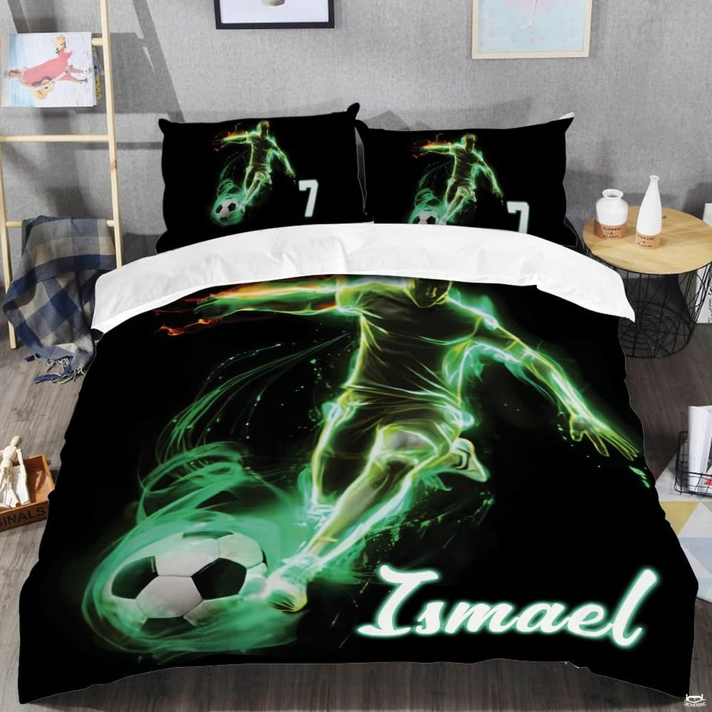 Close-up perspective of soccer bedding detailing glowing emerald turf streaks, player silhouette, and typography