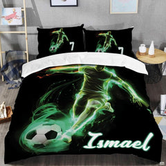 Close-up perspective of soccer bedding detailing glowing emerald turf streaks, player silhouette, and typography