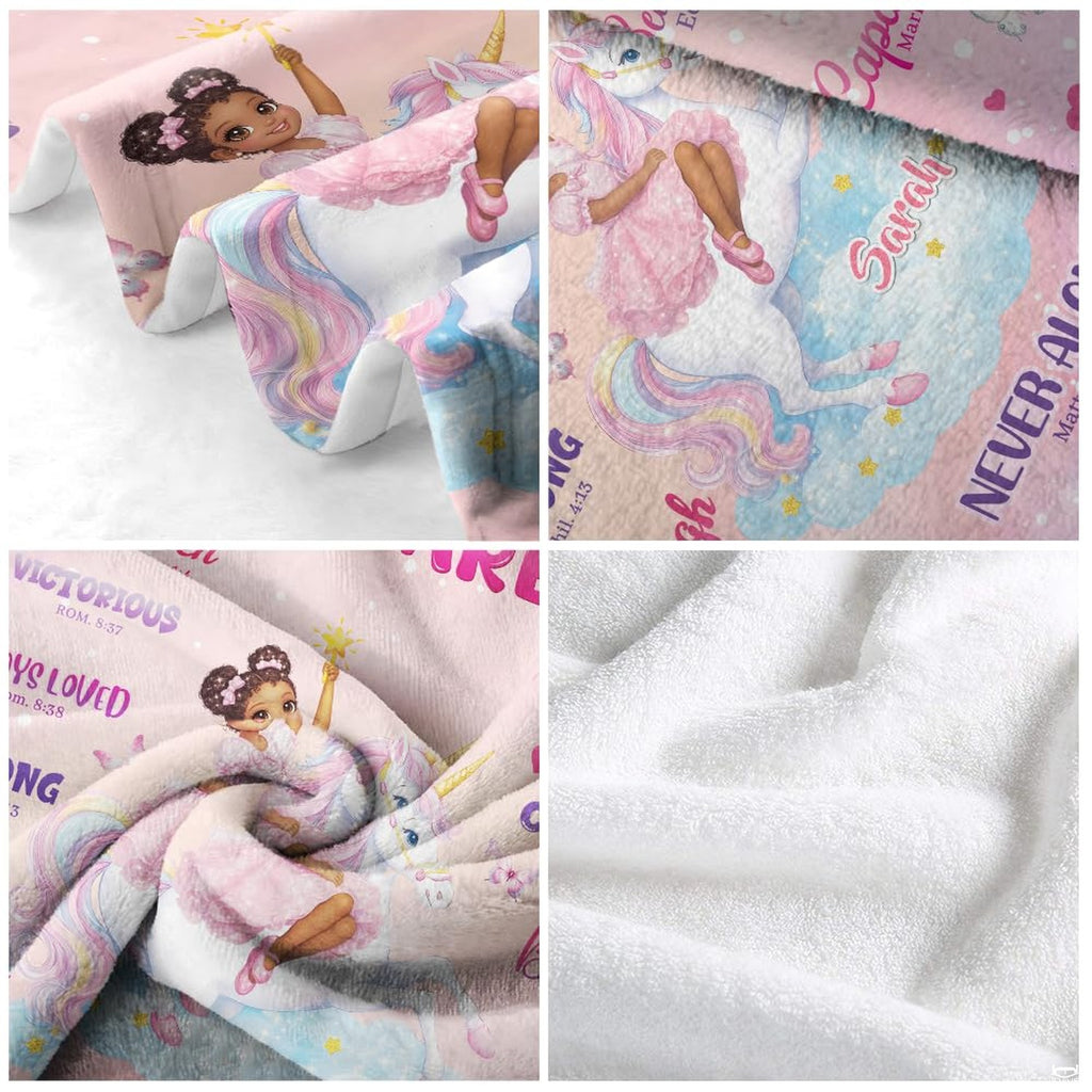 Princess unicorn throw blanket view 4 highlighting unicorn, affirmation quotes, and pink background