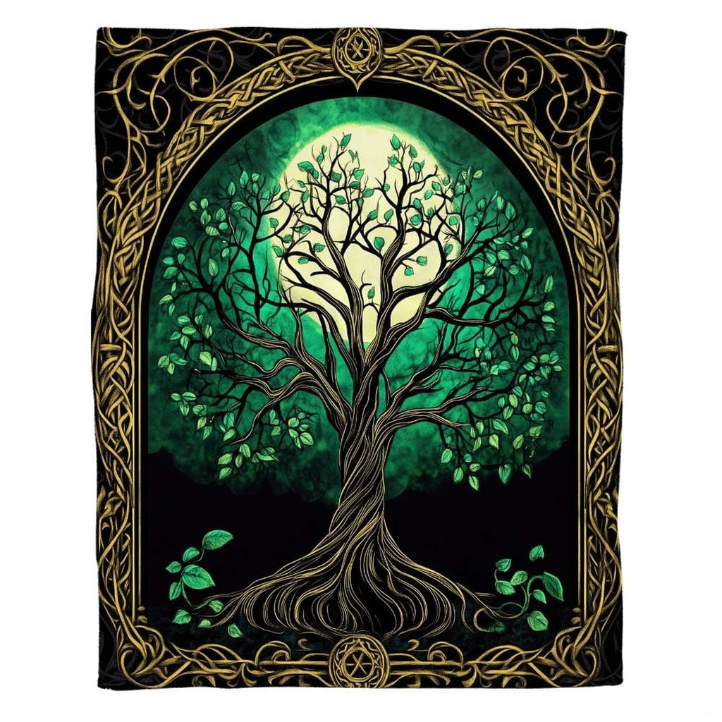 Woman holding open Celtic Tree of Life throw blanket showing full moon and archway illustration