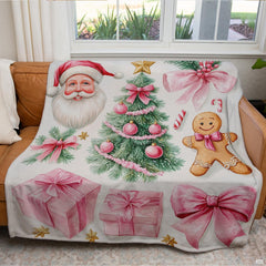 Pink Christmas bedding set decorated with gingerbread cookie, pink ribbons, and pine sprigs.