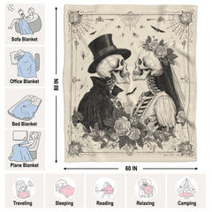 Ornate baroque flourishes, flying bats, and hanging cobwebs illustration on bedding set.