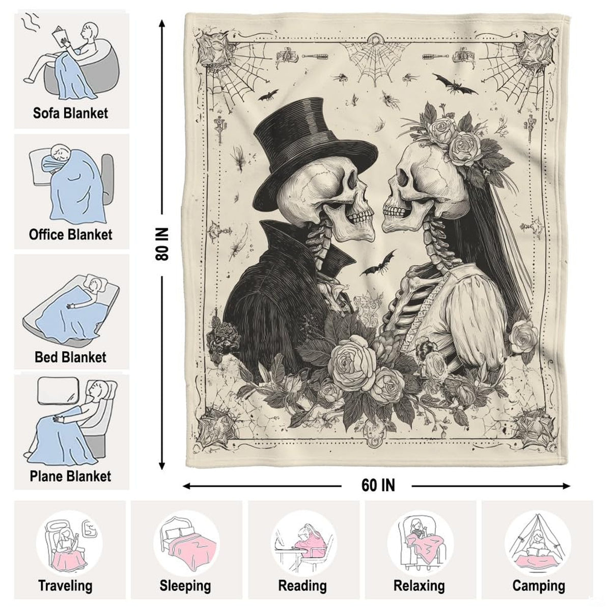 Ornate baroque flourishes, flying bats, and hanging cobwebs illustration on bedding set.
